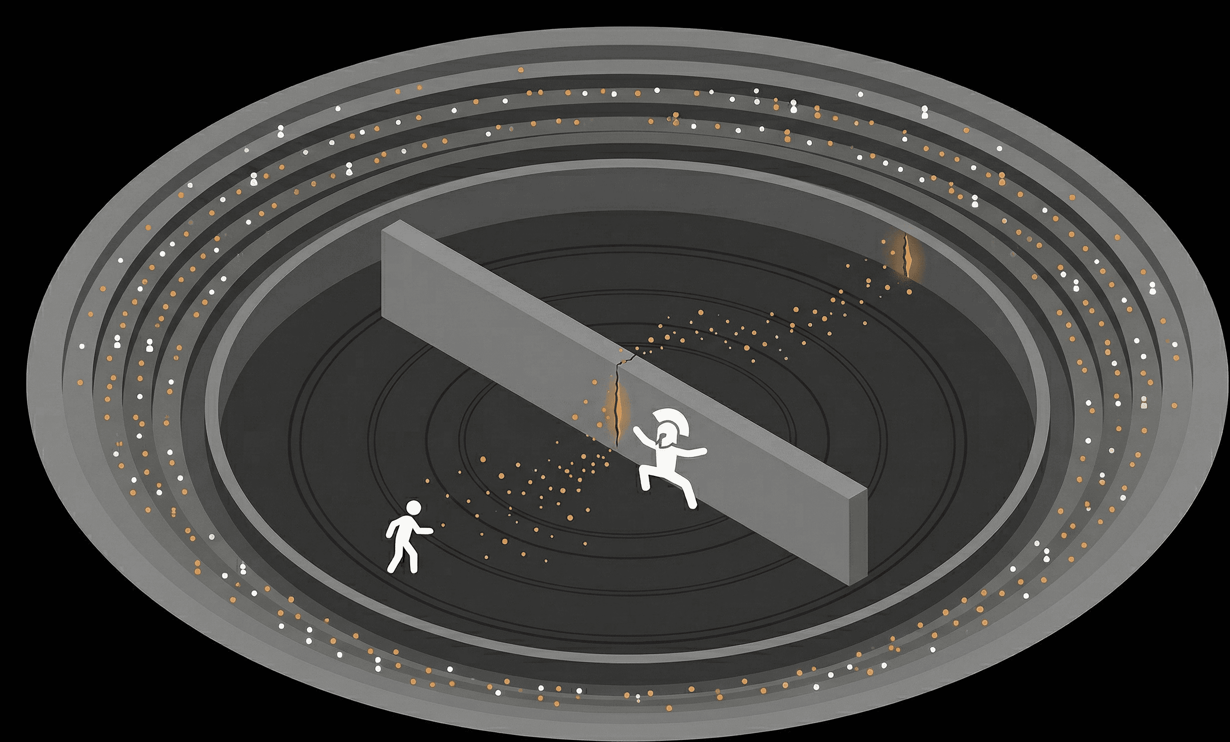 Arena scene: attacker approaches a cracked wall