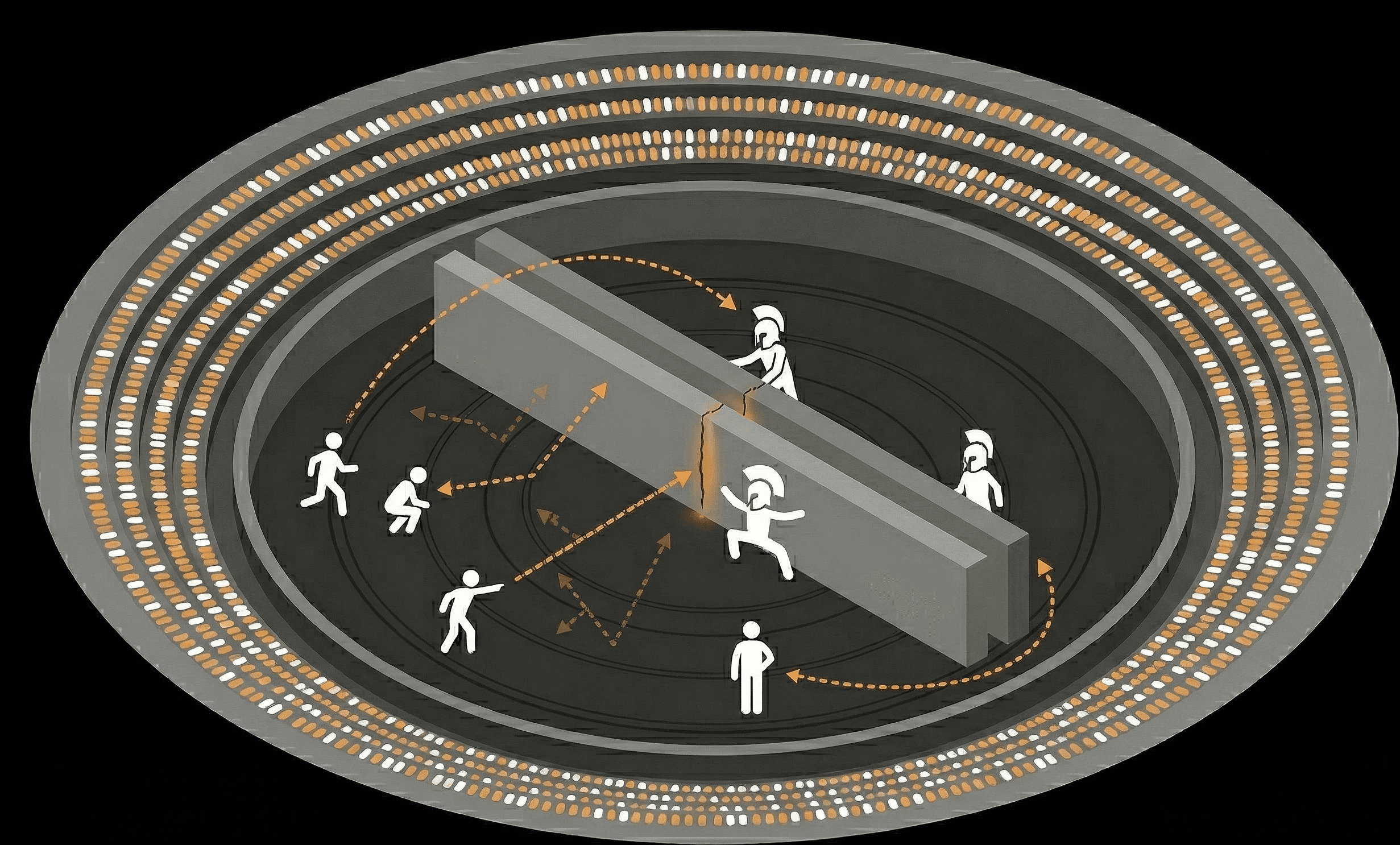 Arena scene: multiple attackers test a reinforced wall